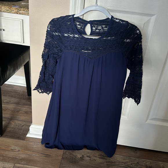 Navy blue lace long sleeves dress - Picture 1 of 4